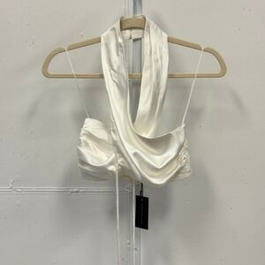 NWT Brooklyn Karma Roses Satin Twist Halter Top Tie Waist White Size S A0710T